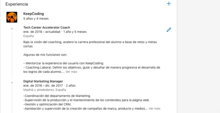 6 Consejos para tu perfil de LinkedIn como programador 5 Experiencia-keepcoding-perfil-lucia