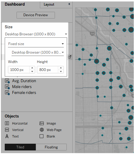 pestaña de tamaño en el panel de dashboard en Tableau