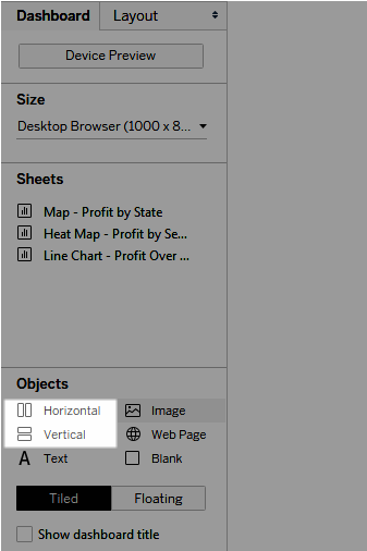 pestaña de objetos en el panel de dashboard en tableau