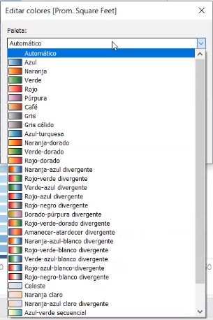 ¿Cómo usar las paletas de color en Tableau? 2 Captura de pantalla de Tableau donde se muestra la variedad de paletas de colores.
