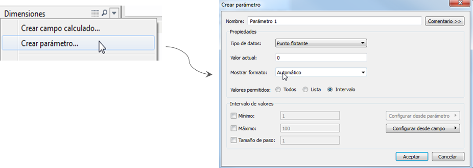 Pestaña para crear parámetro en Tableau.