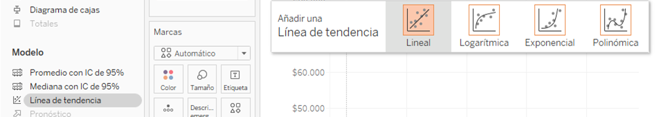 Pestaña para añadir una línea de tendencia en Tableau.