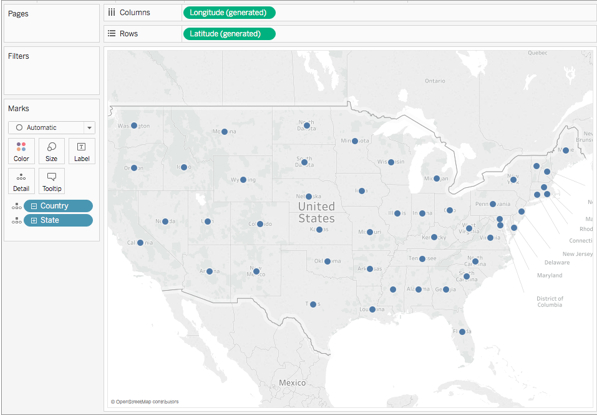 Mapa de Estados Unidos como ejemplo de creación de un mapa simple en Tableau.