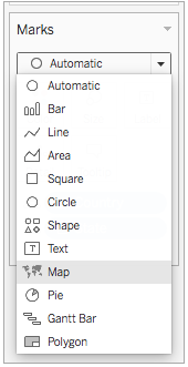 Pestaña con los tipos de marca desplegadas para crear un mapa en Tableau.