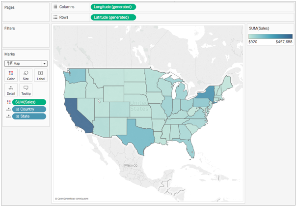 Mapa de ejemplo de Estados Unidos con los estados en distintas tonalidades de azul.