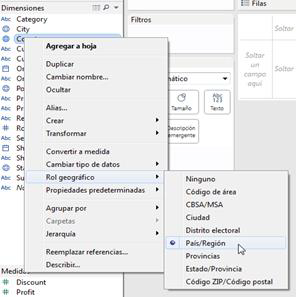 ¿Cuáles son los tipos de datos especiales en Tableau? 2 Pestaña para elegir el tipo de rol geográfico en Tableau.