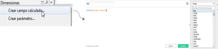 Opción de crear campo calculado para la personalización de datos en Tableau.
