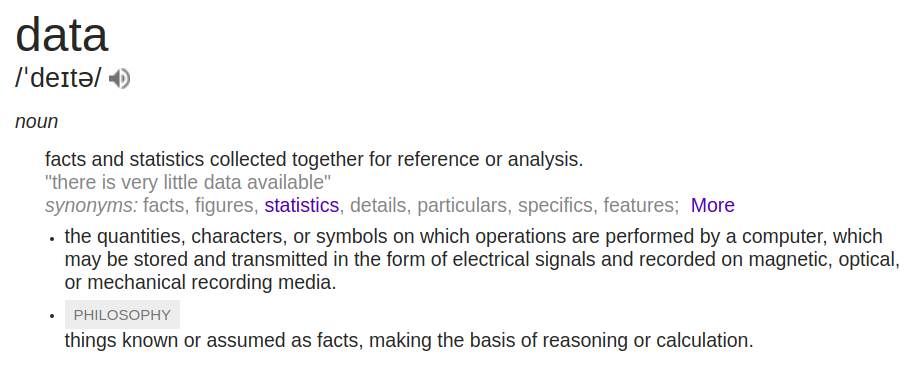 Tipos de formatos de datos en Big Data 1 Definición de data en inglés: "factos and stadistics collected together for reference or analysis".