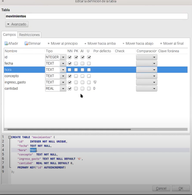 tabla de movimientos en sqlite browser