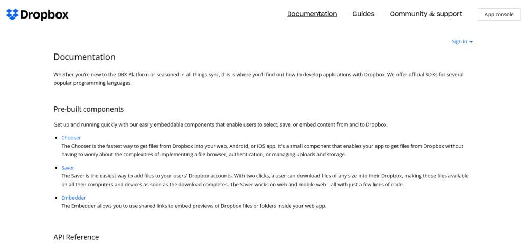 dropbox documentación de api