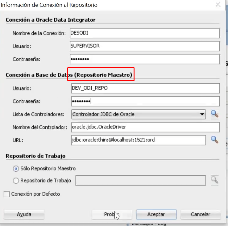 Repositorio de conexión en ODI: paso 2