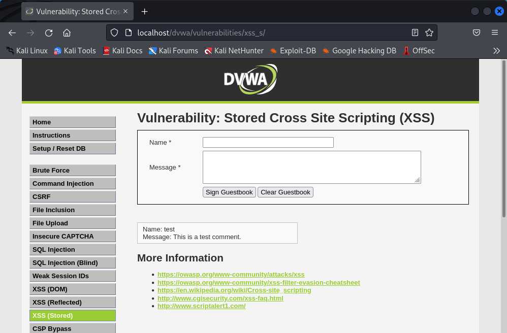 XSS persistente en DVWA 3 XSS persistente en DVWA
