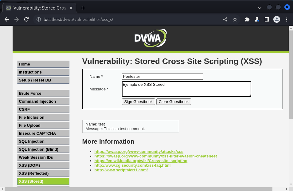 XSS persistente en DVWA 5 XSS persistente en DVWA