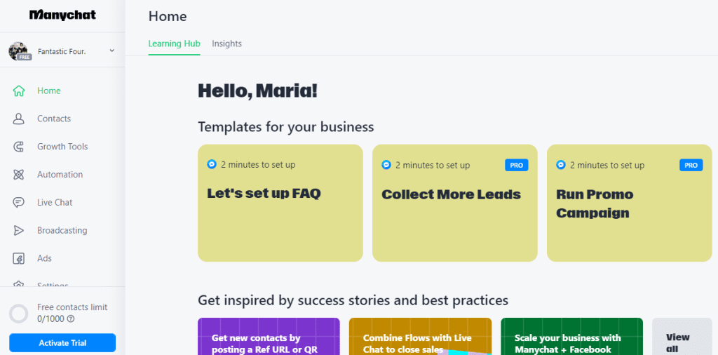 Cómo utilizar Manychat: interfaz gráfica y herramientas