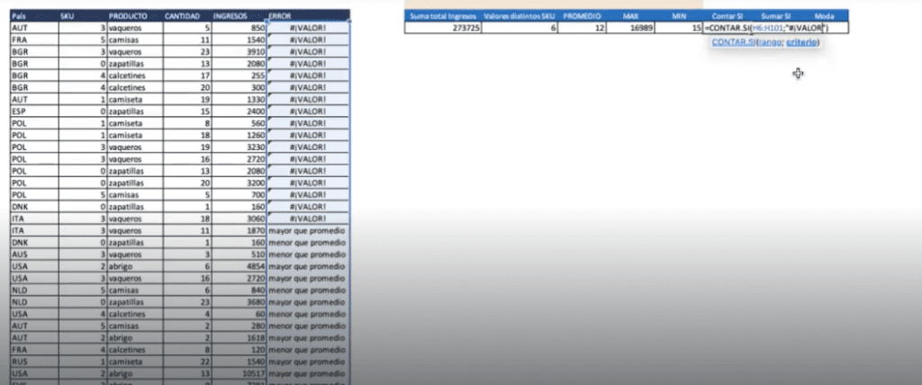 Ejercicio de contar errores en Excel