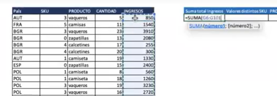 Ejercicio: sumatoria en funciones en Excel