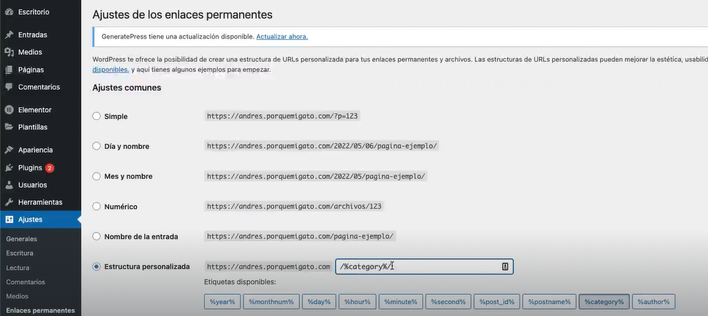 Tipos de ajustes en wordpress.org