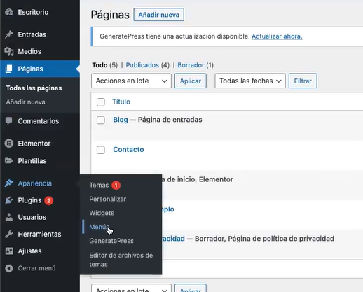Menús en wordpress