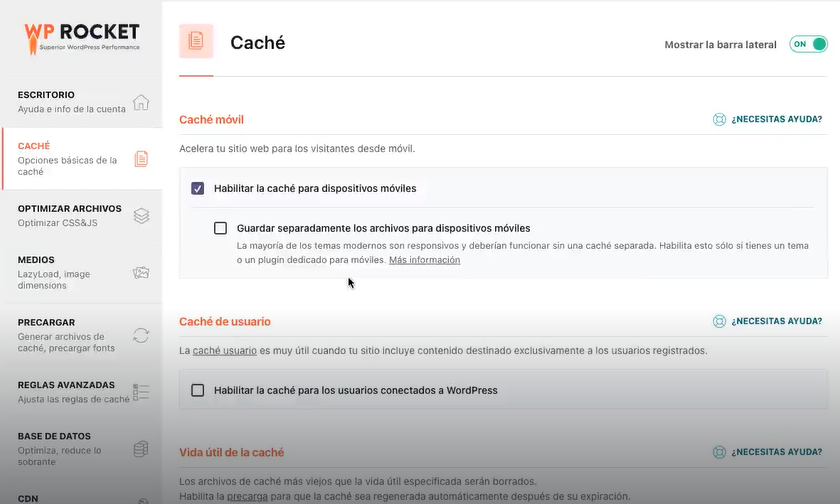 Opciones de caché y optimizar archivos en WP Rocket 1 caché y optimizar archivos en WP Rocket