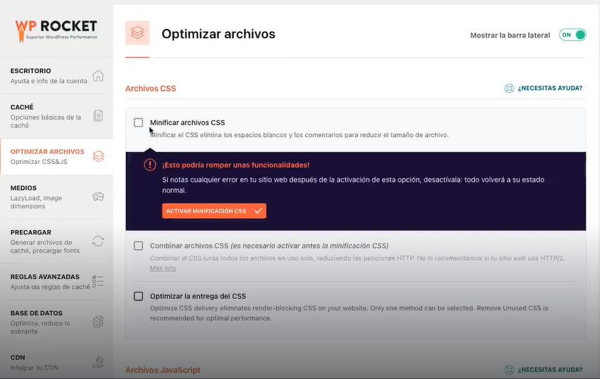 Opciones de caché y optimizar archivos en WP Rocket 4 caché y optimizar archivos en WP Rocket