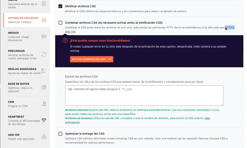 Opciones de caché y optimizar archivos en WP Rocket 5 caché y optimizar archivos en WP Rocket