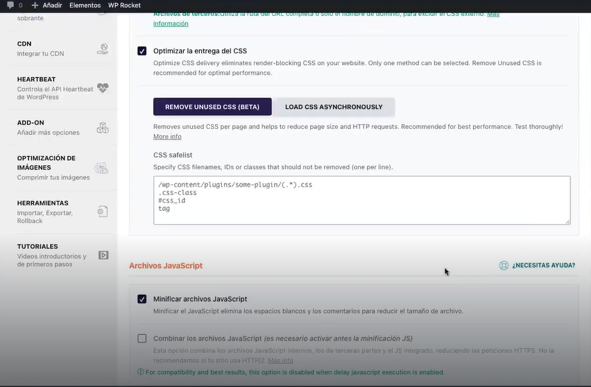 Opciones de caché y optimizar archivos en WP Rocket 6 caché y optimizar archivos en WP Rocket