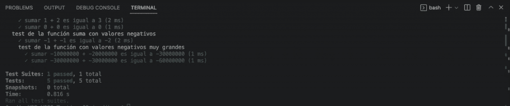 Ejercicio práctico: suma.test.js con valores negativos 1 suma.test.js con valores negativos