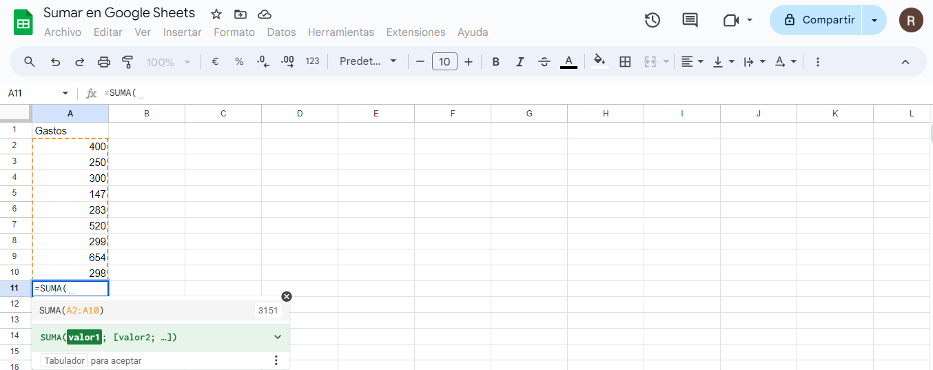 paso 1 sumar en Google Sheets