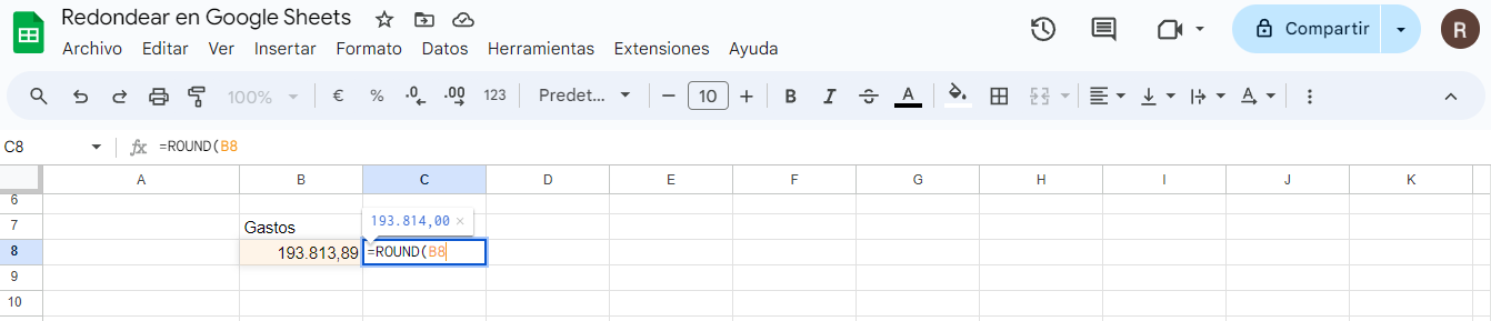 paso 1 redondear en Google Sheets
