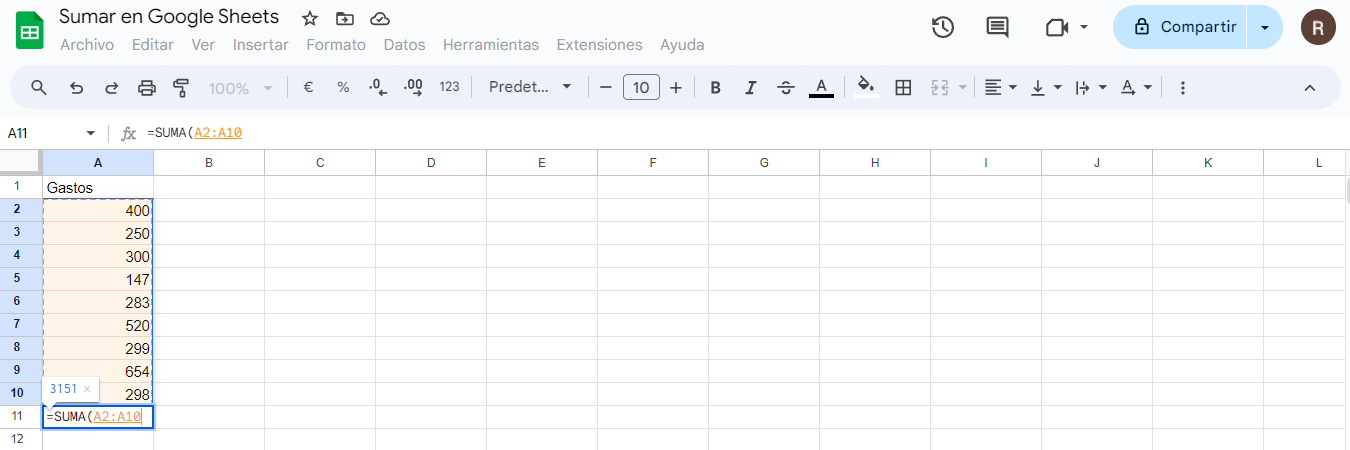 paso 2 sumar en Google Sheets