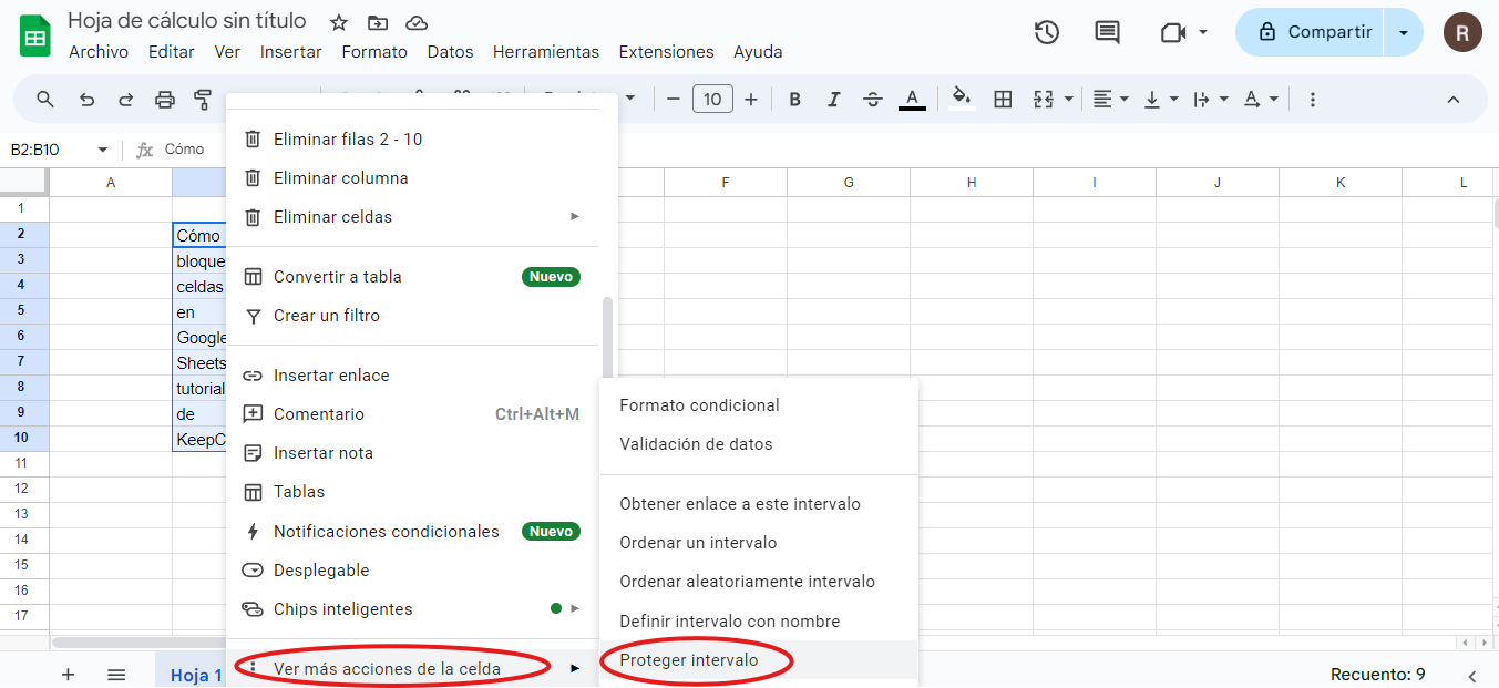 paso 2 bloquear celdas en Google Sheets