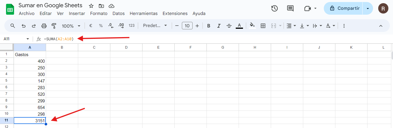 paso 3 sumar en Google Sheets