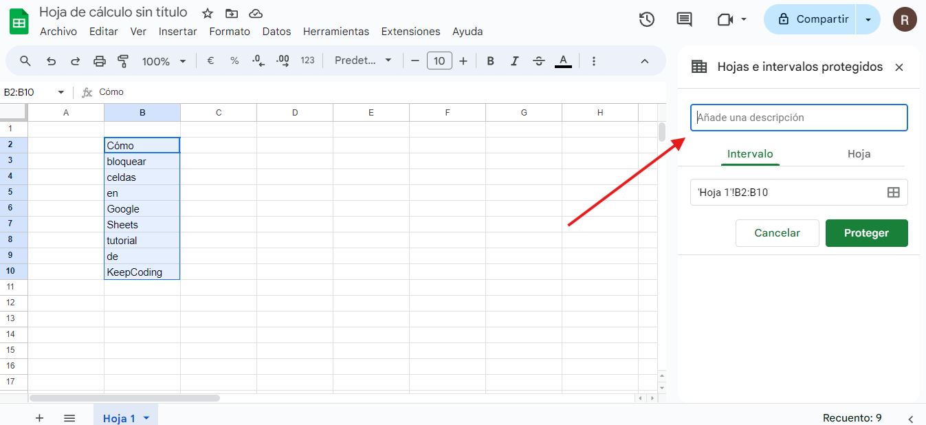 paso 3 bloquear celdas en Google Sheets