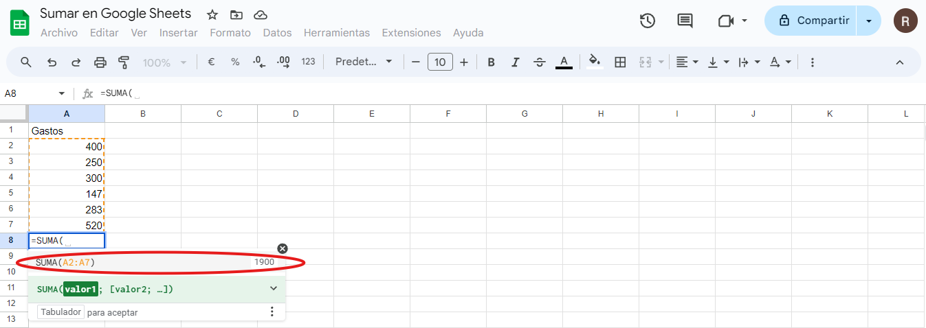 paso 4 sumar en Google Sheets