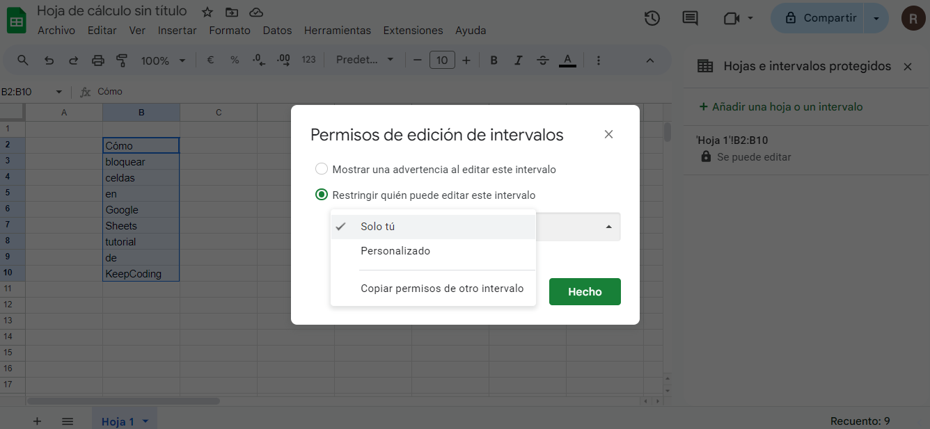 paso 4 bloquear celdas en Google Sheets