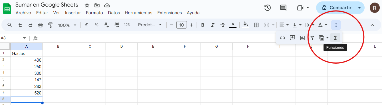 paso 5 sumar en Google Sheets