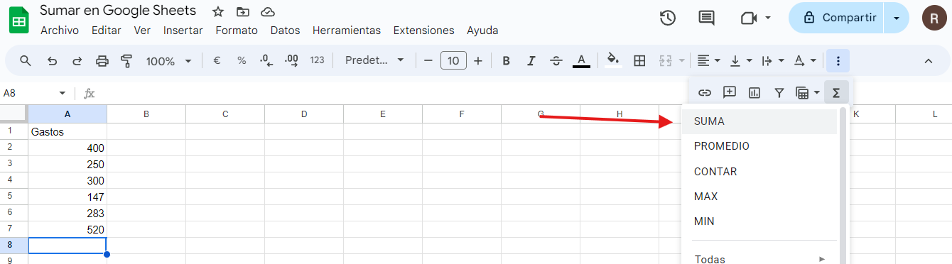 paso 6 sumar en Google Sheets