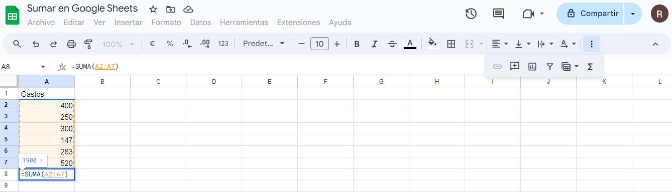 paso 7 sumar en Google Sheets