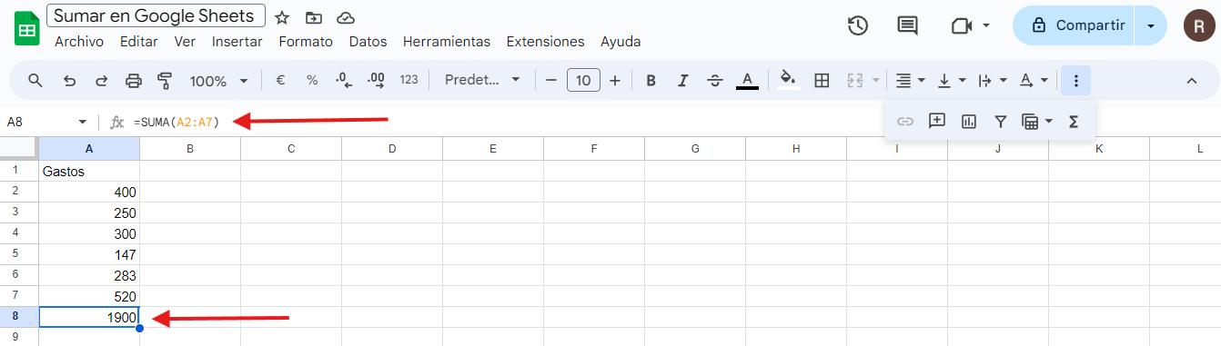 paso 8 sumar en Google Sheets