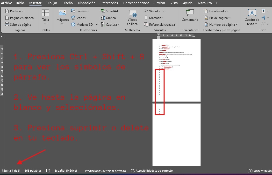 eliminar páginas en blanco en word