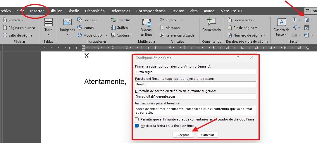 línea de firma en Word insertar una firma en Word