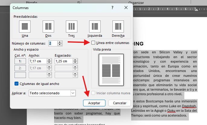 línea divisoria entre dos columnas en Word hacer dos columnas en word